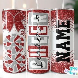 Cheer Glitter 20 oz Skinny Tumbler png Design - Cheerleader Sublimation Tumbler Wrap Rosso e Argento - File png - Dritto e affusolato
