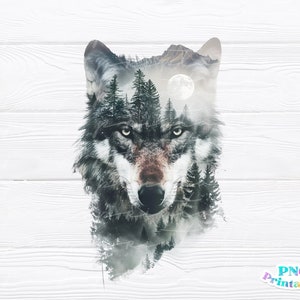 May include: A wolf's head with a forest scene superimposed over it. The wolf's fur is gray and brown, and the forest is a mix of green and brown. The wolf's eyes are a piercing blue.