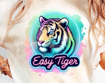 Easy Tiger PNG - Neon Sublimationsdesign für T-Shirts, lustiger Tiger druckbar, digitaler Download Clipart-Datei