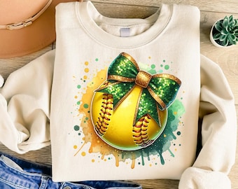 Softball png - Softball with Green and Gold Bow png - Print File - Glitter Sublimation Design - Sports png - Digital Download