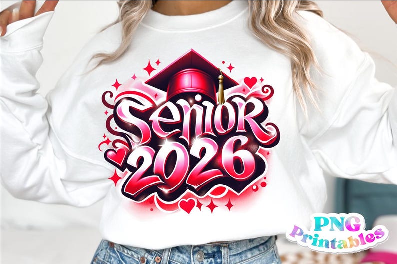 K&ouml;nnte beinhalten: Wei&szlig;es Sweatshirt mit einem farbenfrohen Design f&uuml;r den Abschlussjahrgang 2026. Das Design zeigt die Worte "Senior 2026" in einer fetten Schrift, eine Abschlusskappe, Herzen und Sterne. Das Design ist in Rot- und Rosat&ouml;nen gehalten.