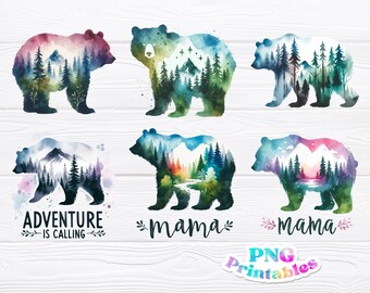 May include: Six watercolor illustrations of bears with a forest scene inside the bear silhouette. The bears are in various poses and have different forest scenes inside them. The text "Adventure is Calling", "Mama" and "Mama" are included in the image.