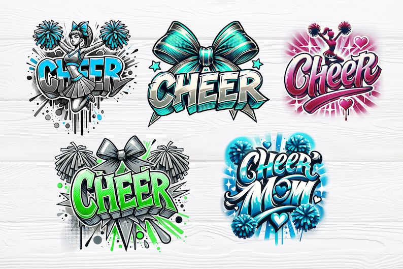 May include: Five different designs for cheerleading graphics. The designs feature the word "Cheer" in various styles and colors, with pom-poms, bows, and a cheerleader in a blue and white uniform.