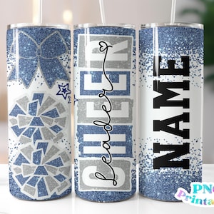 Cheer Glitter 20 oz Skinny Tumbler png Design - Cheerleader Sublimation Tumbler Wrap Light Blue and Silver - png File - Straight and Tapered