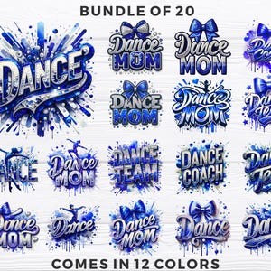May include: A set of 20 blue and silver glitter dance themed iron-on transfers. The transfers feature various designs including "Dance Mom", "Dance Team", "Dance Coach", and "Dance". The text is in a bold, stylized font. The transfers are perfect for customizing clothing, bags, and other items.