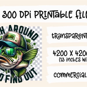 May include: A cartoon illustration of a bass fish wearing sunglasses and a baseball cap. The fish is green and has a white mouth. The text "Fish Around And Find Out" is written around the fish.