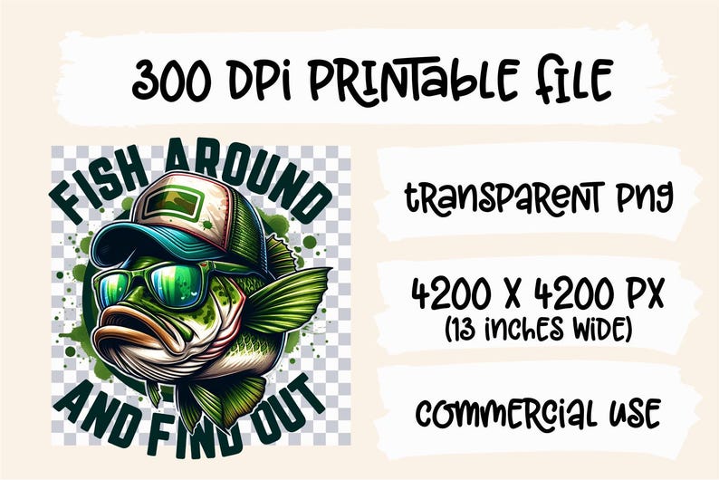 May include: A cartoon illustration of a bass fish wearing sunglasses and a baseball cap. The fish is green and has a white mouth. The text "Fish Around And Find Out" is written around the fish.