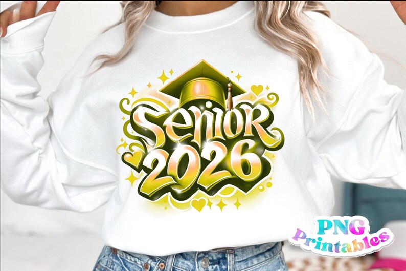 K&ouml;nnte beinhalten: Wei&szlig;es Sweatshirt mit einer Abschlusskappe-Grafik und dem Text "Senior 2026" in einem stilisierten gelb-gr&uuml;nen Design. Das Design enth&auml;lt Herzen und Sterne. Ein Bekleidungsartikel zum Thema Abschluss.