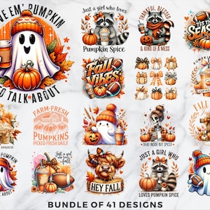 Puede incluir: Un conjunto de 41 diseños digitales con temas de otoño. Los diseños incluyen fantasmas, calabazas, mapaches, hojas de otoño y más. Los diseños son perfectos para crear camisetas, tazas, bolsas de mano y otras manualidades.
