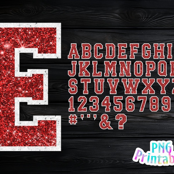 Glitter Sport Alphabet png - Red and White Alphabet - png Print File For Sublimation Or Print - Distressed - Download