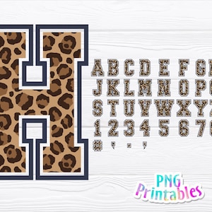 May include: Leopard print alphabet and numbers in a varsity style font. The letters and numbers are outlined in black and have a white background. The letters are uppercase and the numbers are in a standard font. The letters are A-Z and the numbers are 1-9.