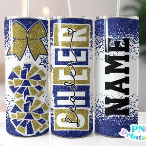 Cheer Glitter 20 oz Skinny Tumbler Png Design - Cheerleader Sublimationsbecher Wrap Blau und Gold - Png Datei - Gerade