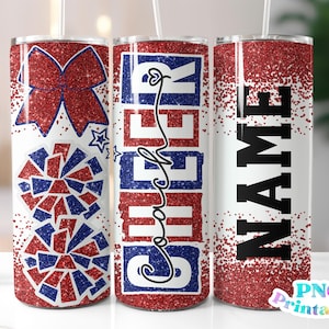 Cheer Coach Glitter 20 oz Skinny Tumbler png Design - Cheerleader Coach Sublimation Tumbler Wrap Hot Red and Blue - png File - Straight