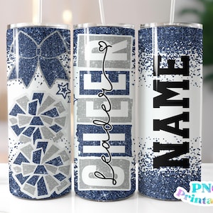 Cheer Glitter 20 oz Skinny Tumbler png Design - Cheerleader Sublimation Tumbler Wrap Navy Blue and Silver - png File - Straight and Tapered