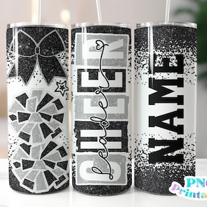 Cheer Glitter 20 oz Skinny Tumbler png Design - Cheerleader Sublimation Tumbler Wrap Black and Silver - png File - Straight and Tapered