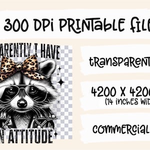 May include: A black and white illustration of a raccoon wearing sunglasses and a leopard print bow. The raccoon is wearing a black leather jacket and has the text "Apparently I have an attitude" above it.