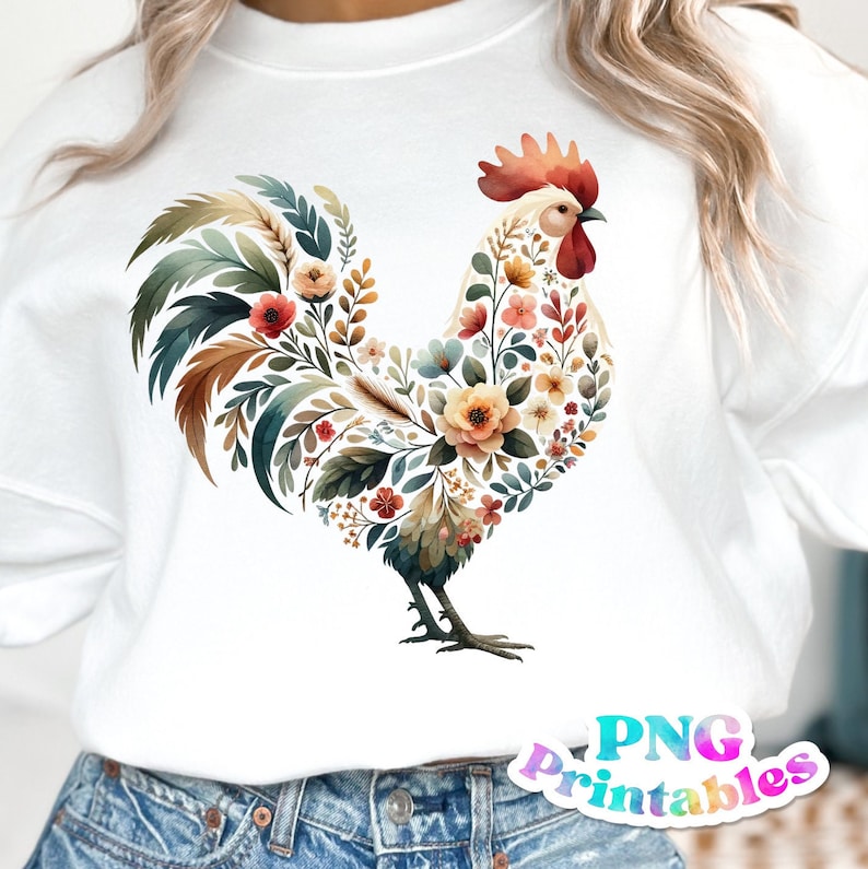 May include: A white sweatshirt with a floral rooster design. The rooster is made up of flowers and leaves in shades of pink, red, orange, yellow, green, and blue.