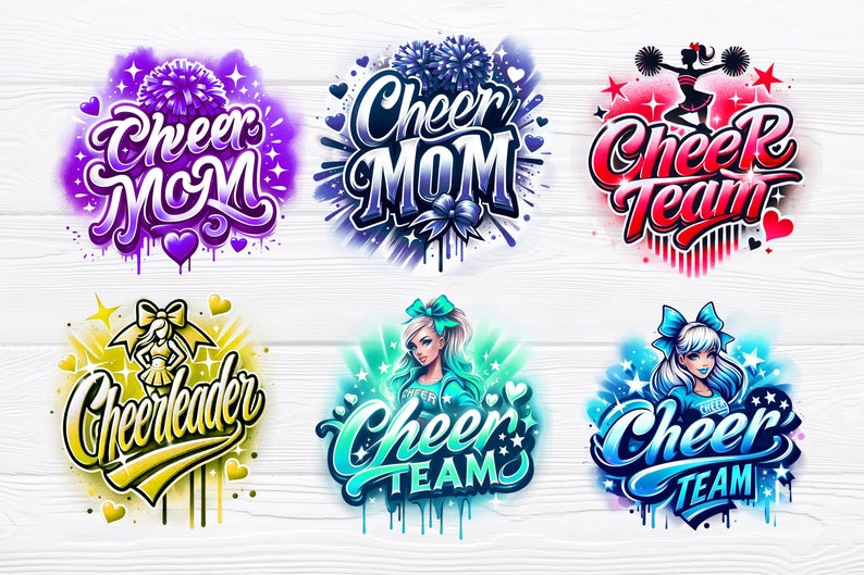 May include: Six different colorful designs featuring a cheerleader with pom-poms and the words "Cheer Mom", "Cheer Team", "Cheerleader", and "Cheer Team" in a graffiti style.