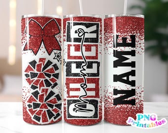Cheer Mom Glitter 20 oz Skinny Tumbler png Design - Cheerleader Mom Sublimation Tumbler Wrap Rosso e Nero - File png - Dritto