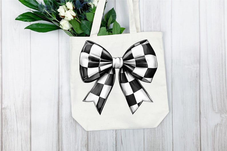 May include: A white tote bag with a black and white checkered bow design.