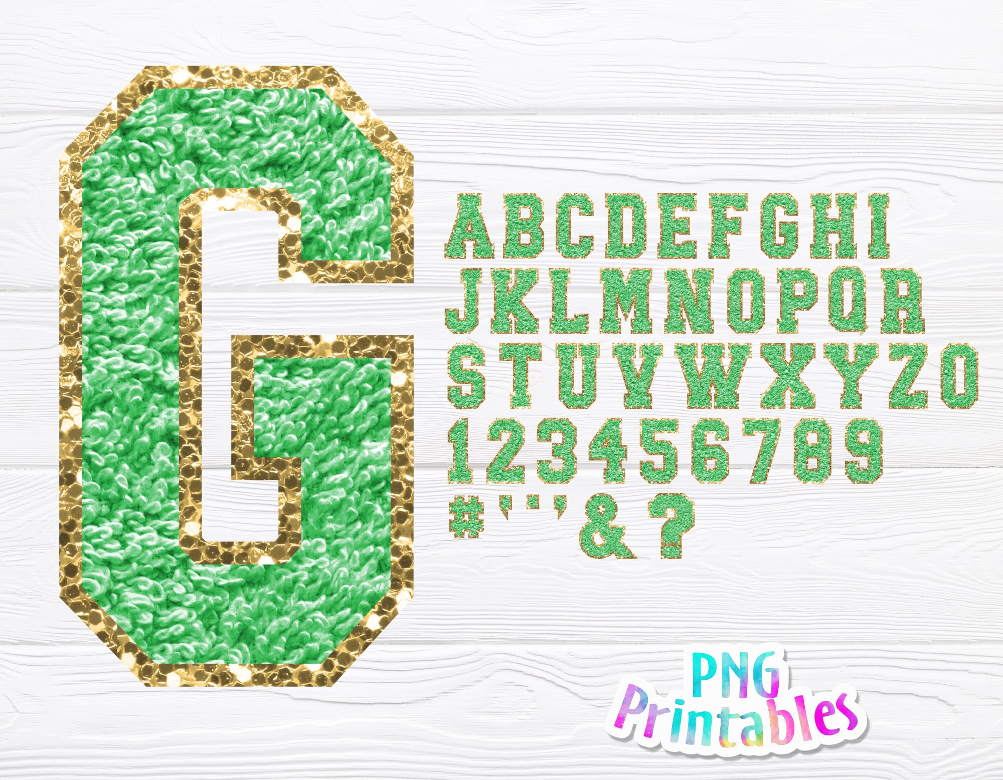 Chenille Alphabet png - Lime Green and Gold Alphabet - png Print File For Sublimation Or Print - Glitter png - Download