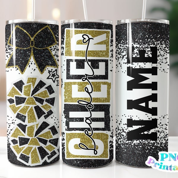 Cheer Glitter 20 oz Skinny Tumbler png Design - Cheerleader Sublimation Tumbler Wrap Black and Gold - png File - Straight and Tapered