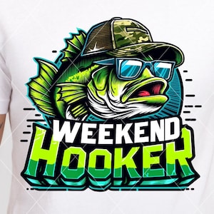 May include: A green and white graphic design of a fish wearing a camouflage hat and sunglasses with the text "Weekend Hooker" in a green and blue font.