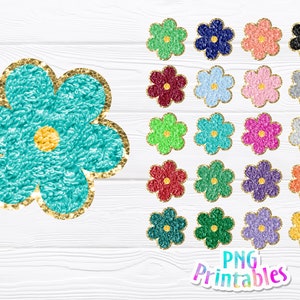 May include: A set of 20 digital flower clip art images in various colors with a gold glitter outline. The flowers are in a simple, retro style. PNG Printables.