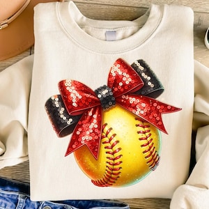 Softball png - Softball with Red and Black Bow png - Print File - Glitter Sublimation Design - Sports png - Digital Download