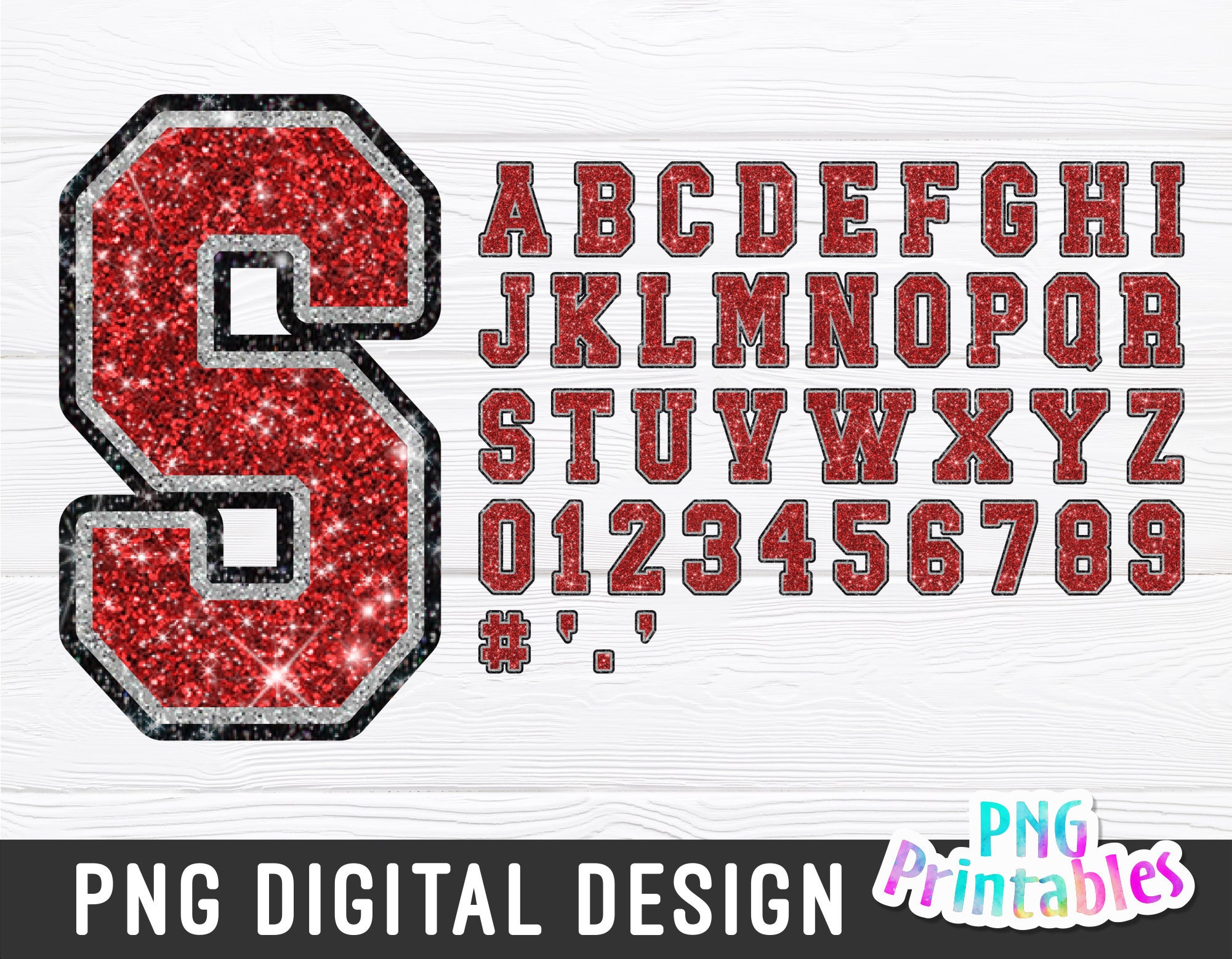 Glitter Sport Alphabet png - Red Silver and Black Glitter Alphabet - png Print File For Sublimation Or Print - Distressed - Download
