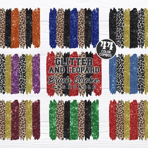 May include: A set of 24 digital brush stroke graphics featuring glitter and leopard print patterns in various color combinations. The graphics are perfect for creating digital designs, scrapbooking, and other crafting projects.