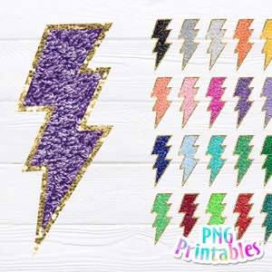 May include: A set of 12 digital clipart images featuring a gold glitter lightning bolt in various colors, including purple, blue, green, red, and yellow. The images are perfect for crafting projects, scrapbooking, and digital design.