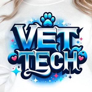 May include: A white sweatshirt with a blue and white graphic design that says "VET TECH" with a paw print and hearts.