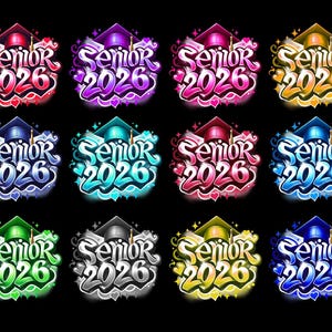K&ouml;nnte beinhalten: Eine Sammlung von zw&ouml;lf farbenfrohen Senior 2026 Abschlussdesigns. Jedes Design zeigt eine Abschlusskappe und den Text "Senior 2026" in einer Graffiti-Schriftart, mit verschiedenen Farbschemata.