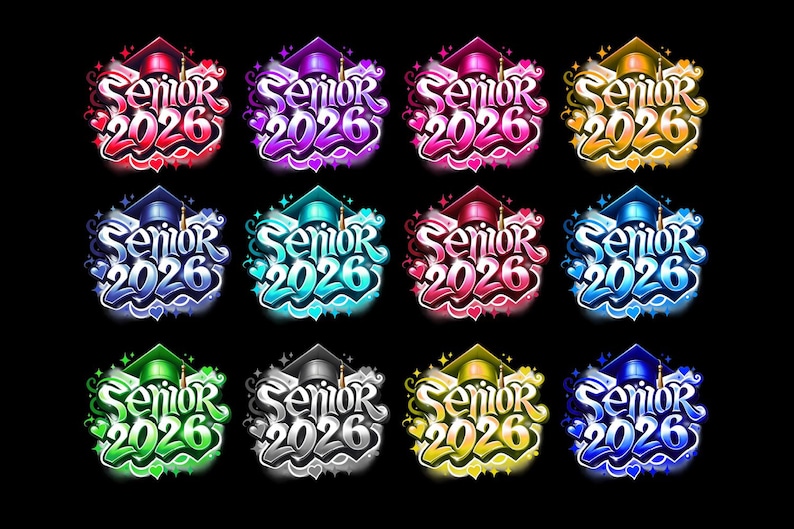 K&ouml;nnte beinhalten: Eine Sammlung von zw&ouml;lf farbenfrohen Senior 2026 Abschlussdesigns. Jedes Design zeigt eine Abschlusskappe und den Text "Senior 2026" in einer Graffiti-Schriftart, mit verschiedenen Farbschemata.