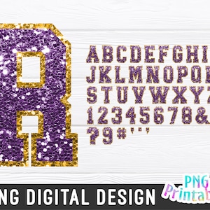 Sequin Sport Alphabet png - Purple and Gold Alphabet - png Print File For Sublimation Or Print - Glitter png - Download