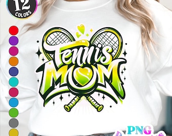 May include: White sweatshirt featuring a green, yellow and black graphic design of two tennis rackets crossed with a tennis ball in the centre. The text "Tennis Mom" is written in a stylised font.