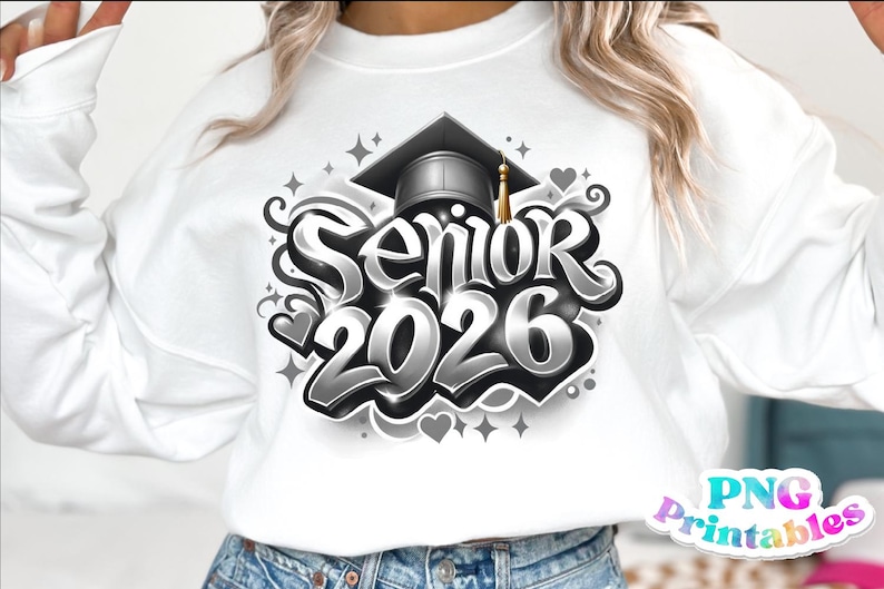 K&ouml;nnte beinhalten: Wei&szlig;es Sweatshirt mit einem schwarz-grauen Grafikdesign. Das Design zeigt den Text "Senior 2026" in einer stilisierten Schriftart, eine Abschlusskappe, Herzen und Sterne. Eine goldene Quaste h&auml;ngt an der Kappe.