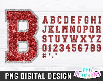 Glitter Sport Alphabet png - Red and Silver Alphabet - png Print File For Sublimation Or Print - Distressed - Download