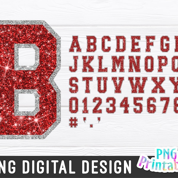 Glitter Sport Alphabet png - Red and Silver Alphabet - png Print File For Sublimation Or Print - Distressed - Download