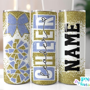 Cheerleader Glitter 20 oz Skinny Tumbler Png Design - Cheer Sublimationsbecher Wrap Gold und Hellblau - Png Datei - Gerade