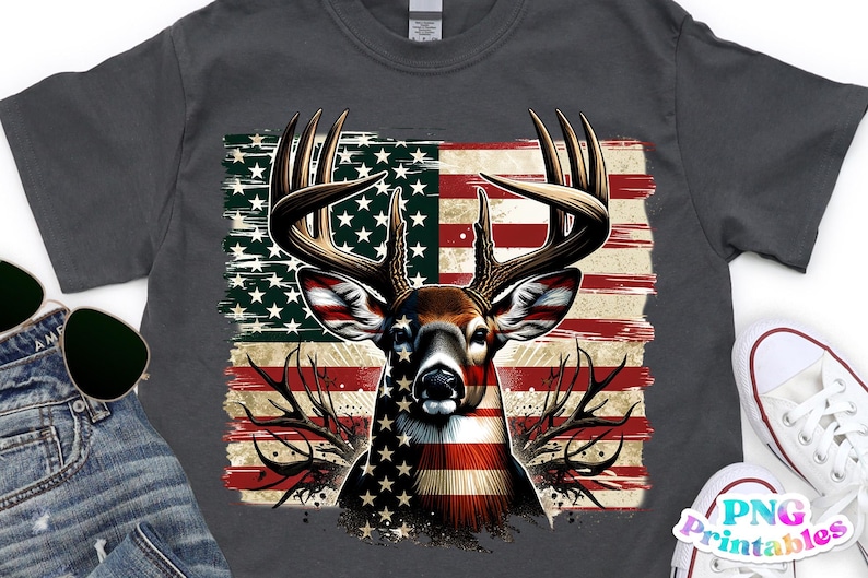 May include: Dark gray t-shirt featuring a deer head design with antlers, superimposed over a distressed American flag. The deer's face is colored with the flag's stars and stripes. The shirt is a casual wear item.