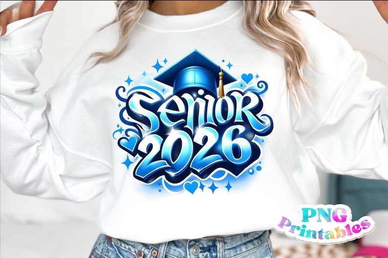 K&ouml;nnte beinhalten: Wei&szlig;es Sweatshirt mit einem blau-wei&szlig;en Aufdruck mit der Aufschrift "Senior 2026". Das Design beinhaltet eine Abschlusskappe, Herzen und Sterne. Das Sweatshirt hat einen Rundhalsausschnitt.