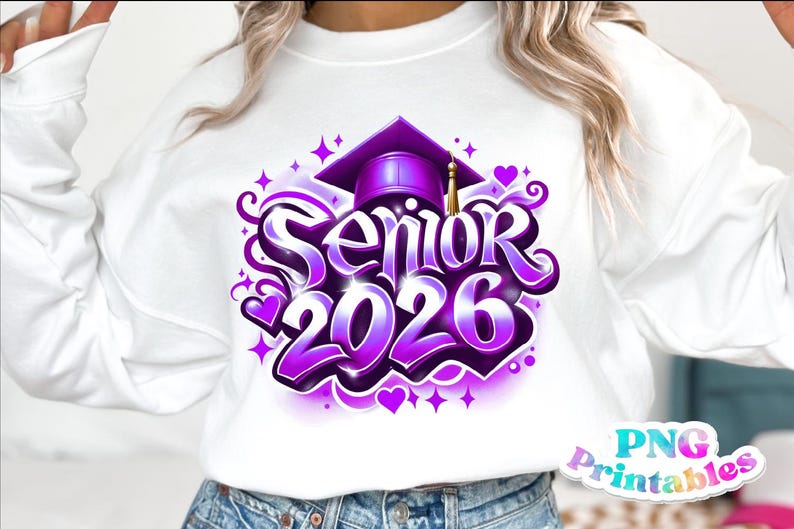K&ouml;nnte beinhalten: Wei&szlig;es Sweatshirt mit einem lila-wei&szlig;en Aufdruck "Senior 2026". Das Design beinhaltet eine Abschlusskappe, Herzen und Sterne. Der Text ist in einer stilisierten Schriftart mit Farbverlauf gehalten.