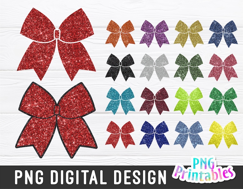 May include: A set of 16 digital designs featuring glitter bows in various colors, including red, blue, green, purple, gold, and silver. The bows are perfect for crafting projects, scrapbooking, and digital design.