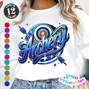 Puede incluir: Una sudadera blanca con un diseño gráfico azul y blanco de un blanco de tiro con arco y la palabra "Archery" en una fuente estilizada. El diseño incluye estrellas y una flecha azul.