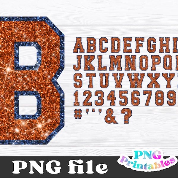 Glitter Sport Alphabet png - Orange and Navy Blue Alphabet - png Print File For Sublimation Or Print - Distressed - Download