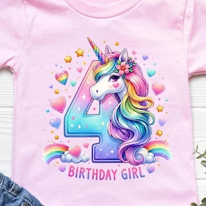 May include: Pink t-shirt with a unicorn design. The unicorn has a rainbow mane and horn, with the number 4 in the centre. Hearts, stars, and a rainbow surround the number. The text "BIRTHDAY GIRL" is at the bottom.