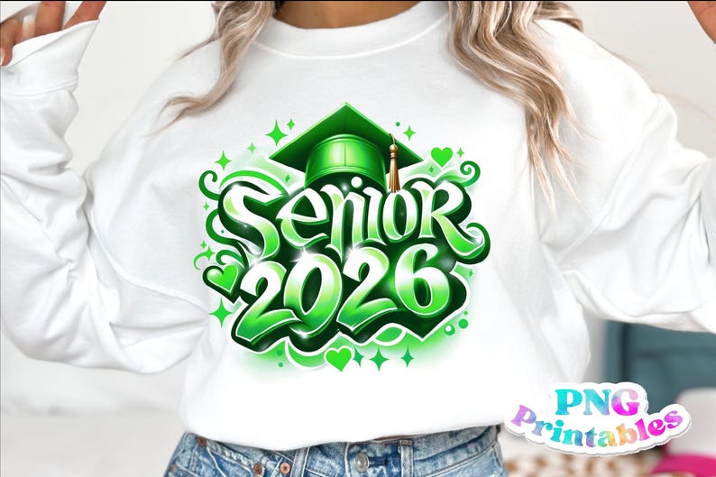 K&ouml;nnte beinhalten: Wei&szlig;es Sweatshirt mit einem leuchtend gr&uuml;nen "Senior 2026" Aufdruck. Das Design beinhaltet eine Abschlusskappe, Herzen und dekorative Wirbel. Der Text ist in einer fetten, stilisierten Schriftart gehalten, ideal f&uuml;r Abschlussfeiern.