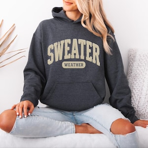 May include: Dark grey hoodie with the text "SWEATER WEATHER" in a beige, collegiate-style font. The hoodie has a front pocket and a hood. The model is wearing light blue jeans.